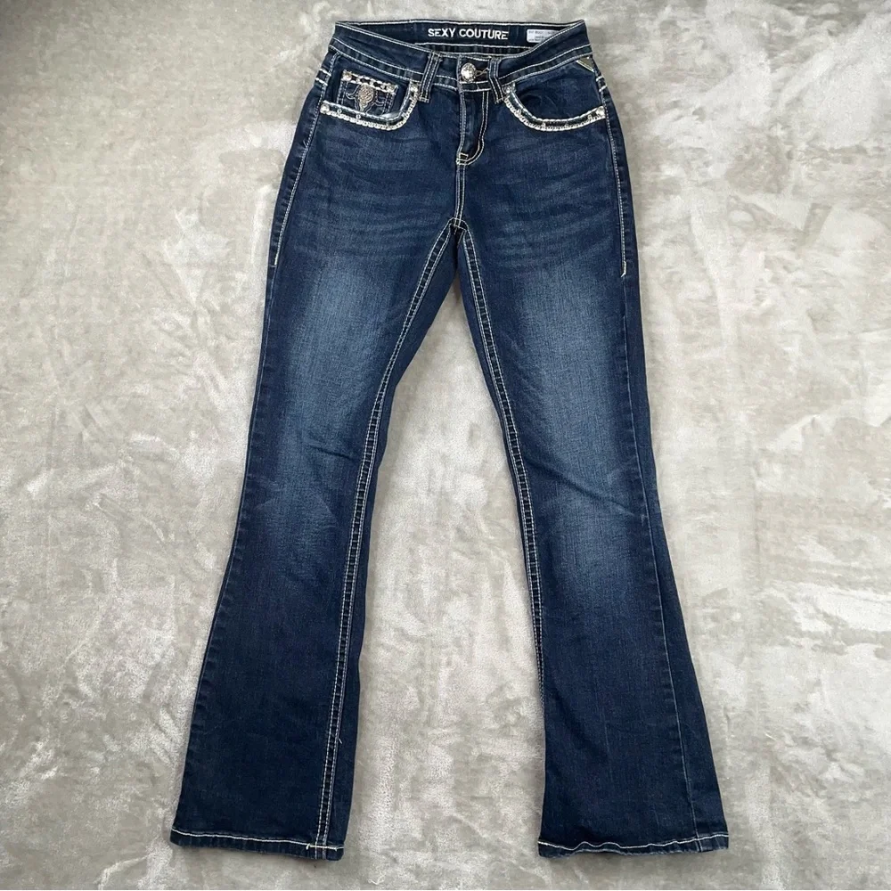 Sexy Couture Boot Cut Jeans Embroidered Back Pockets Dark Wash Size 3 Juniors
